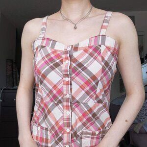 Vintage Y2K pink and brown plaid sweetheart midi dress with ruffles